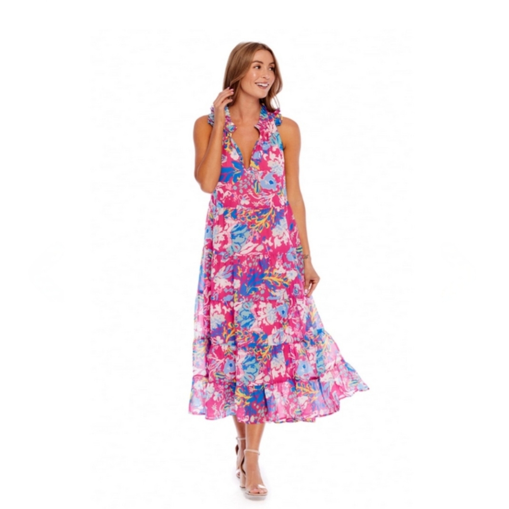 Mud Pie Women Small Maxi Dress Pink Floral Sleeveless Tiered Ruffle Praire Boho
